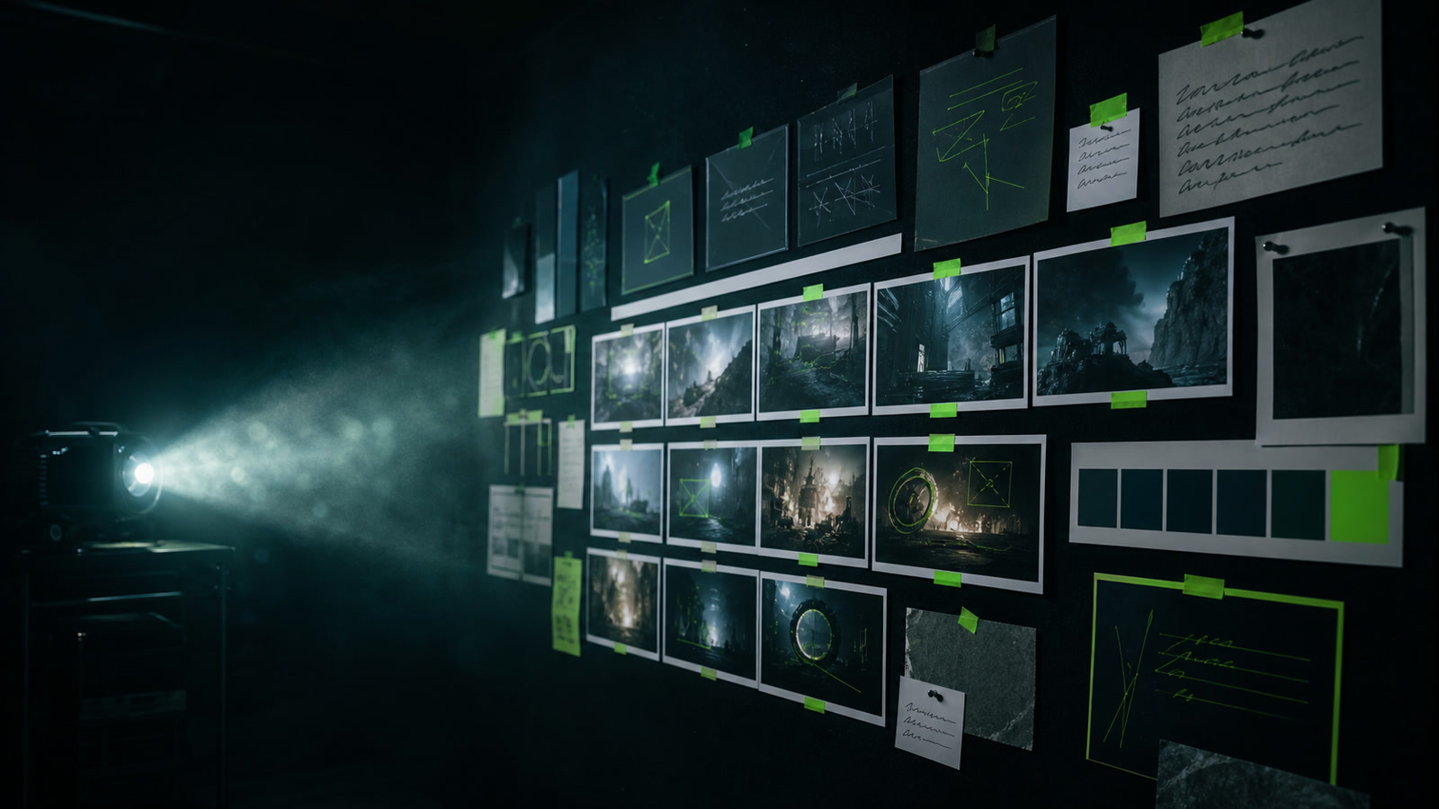 AI presentation workflow shown as a physical slide storyboard