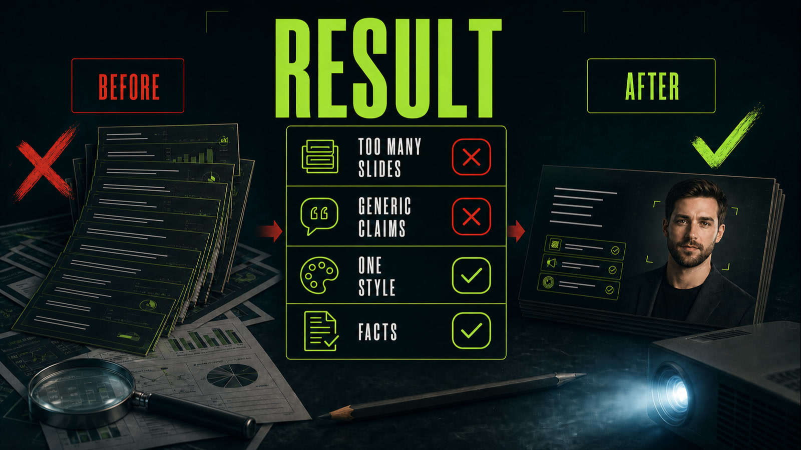 Review facts, slide copy, and visual consistency
