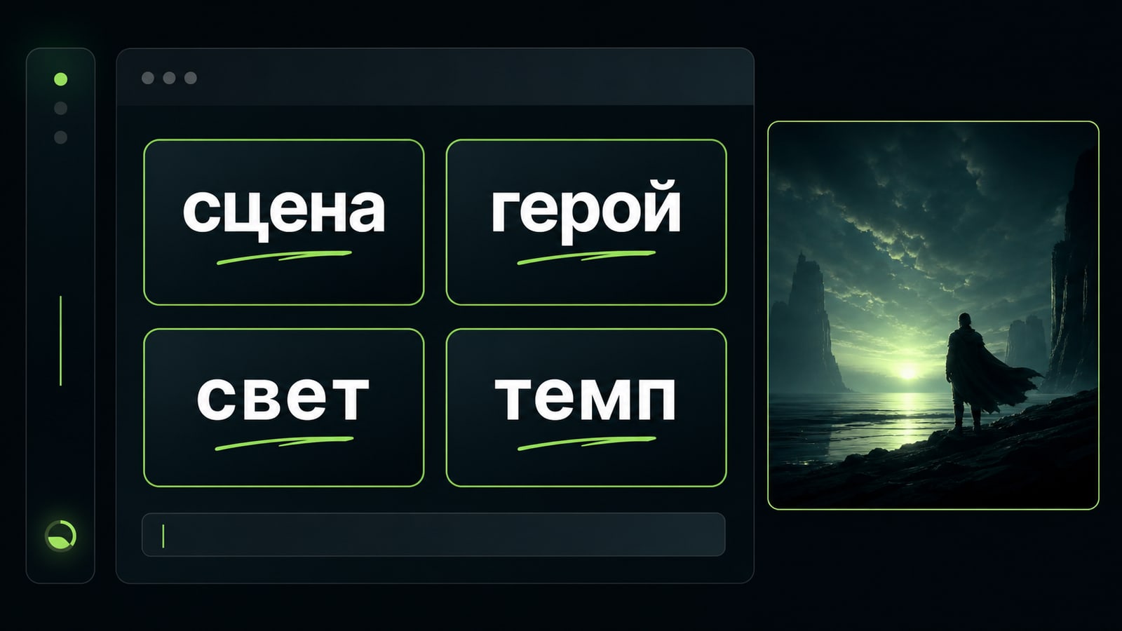 Разложите промпт на сцену, героя, свет и темп