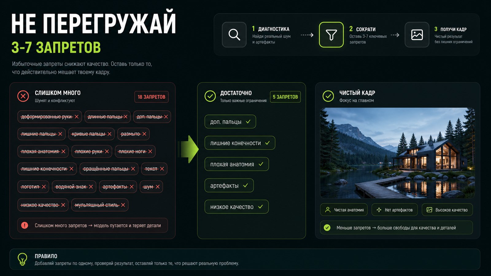 Ограничьте negative prompt до 3-7 правил