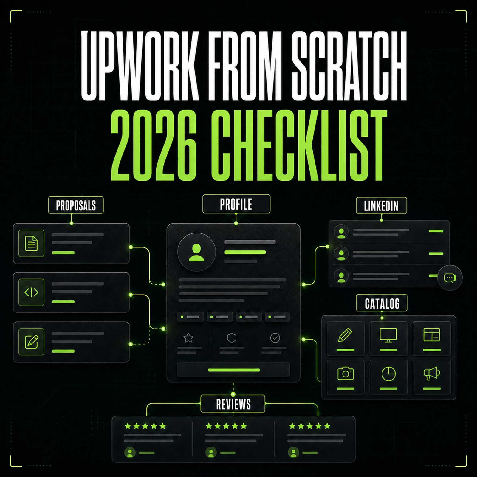 Upwork launch checklist covering proposals, profile, LinkedIn, catalog, and reviews