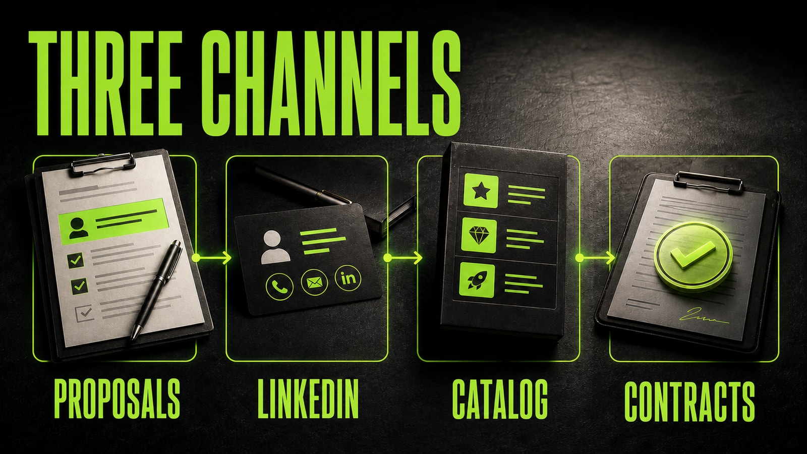 Three client channels converging into portfolio cases, contracts, and reviews