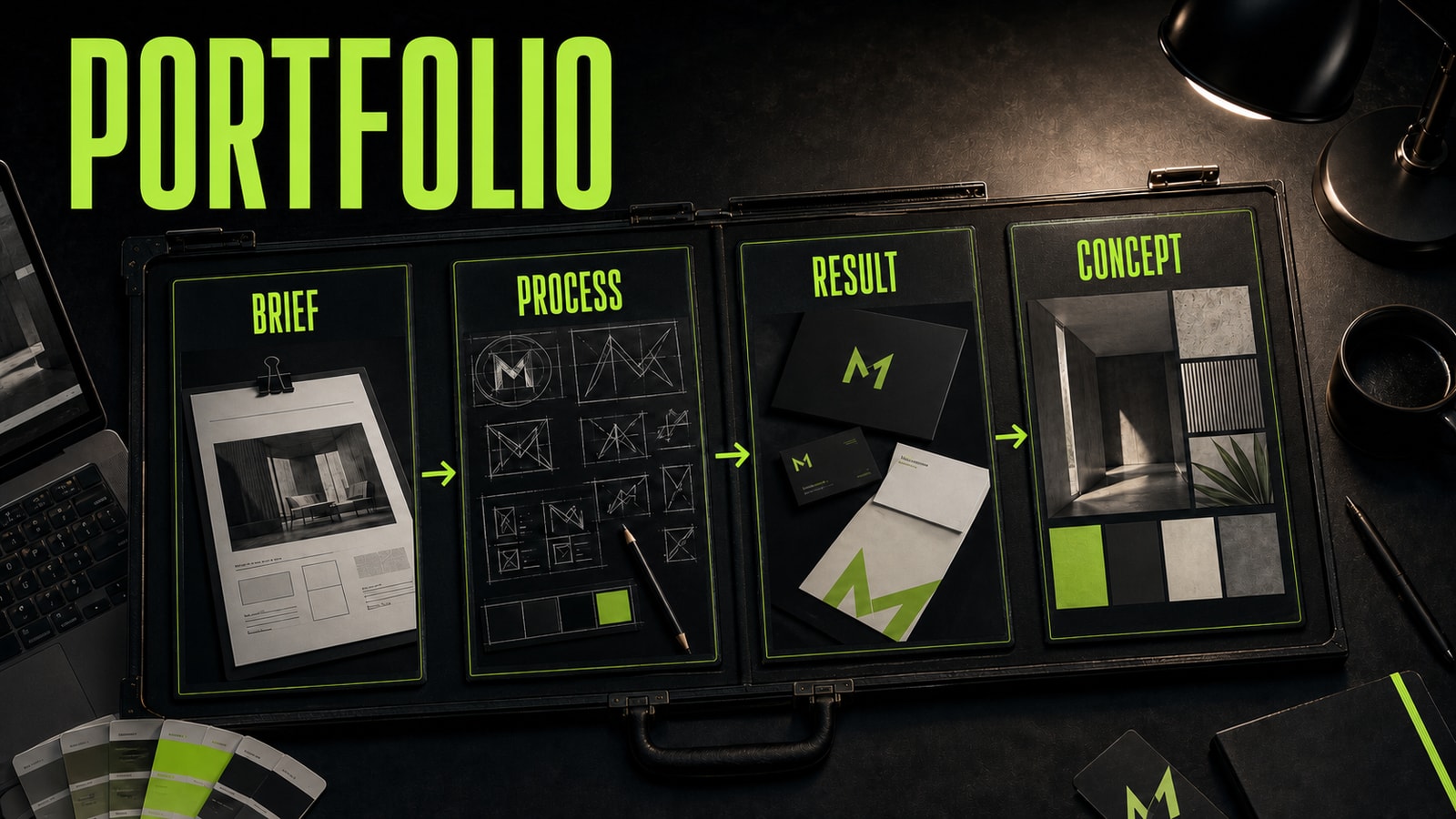 Portfolio structure: brief, process, result, and an honest concept label